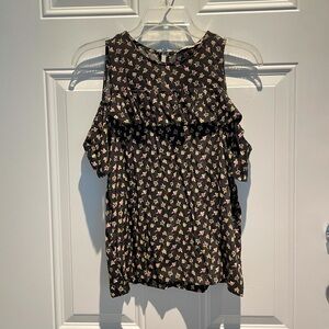 LOFT Petites Cold Shoulder Floral Top Size XS, Casual Ruffle Black Purple Green